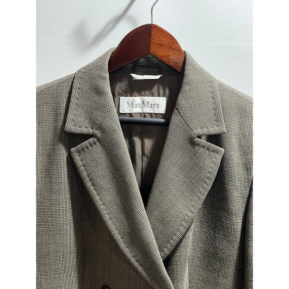 MAX MARA Italy VNTG Tan Brown Plaid Wool Silk Blend Double Breasted Blazer sz 14 - Picture 2 of 11